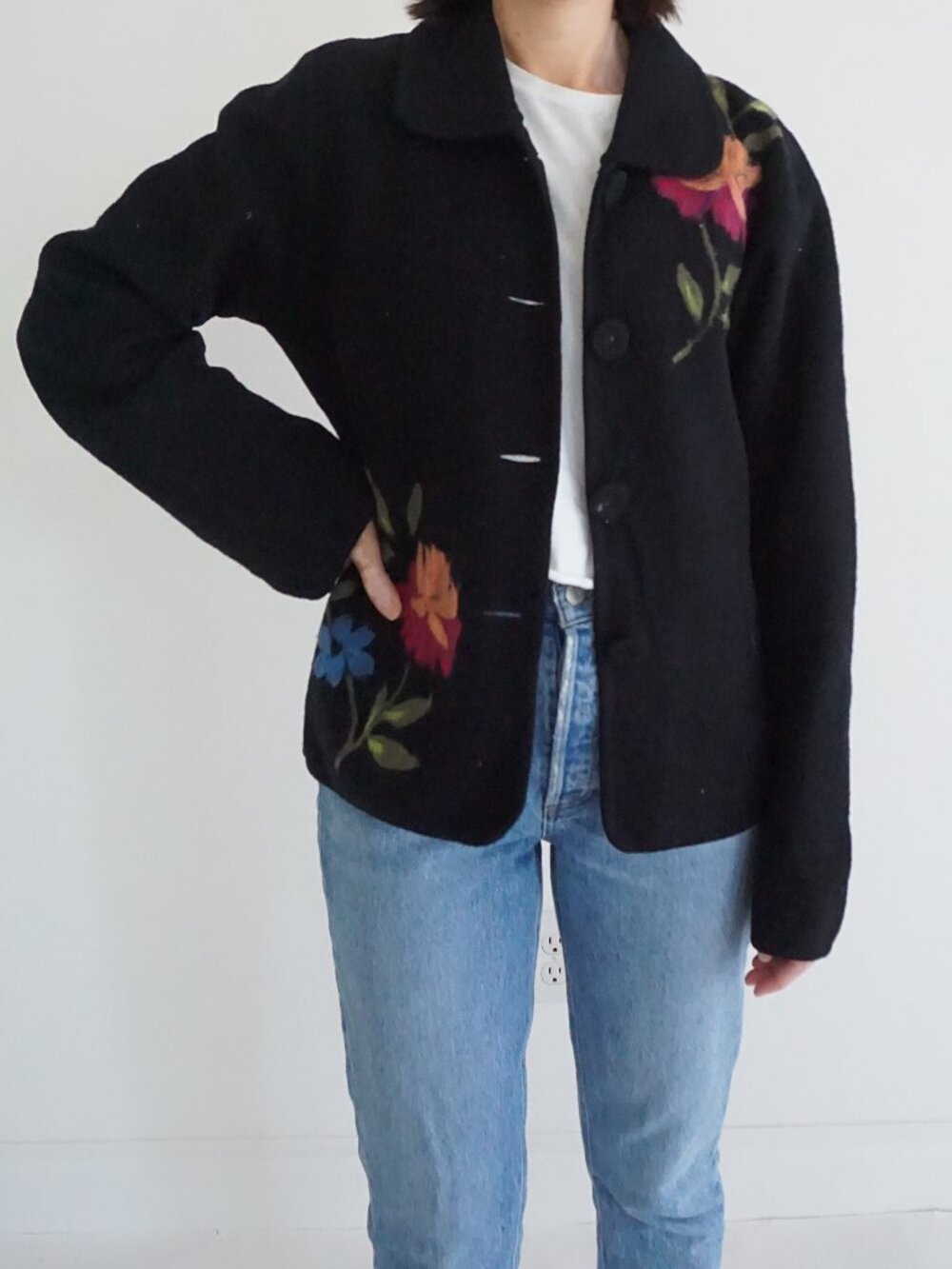 Vintage Itsu Black Floral Garden Embroidered Boho Knit Cardigan M